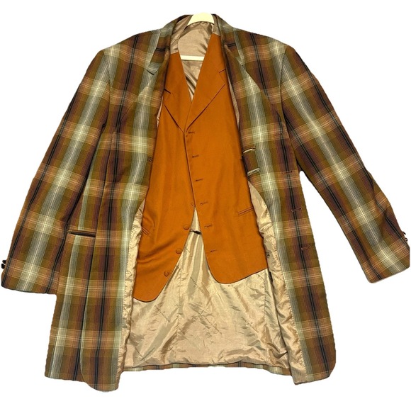 Men's Long Plaid Blazer & Vest Orange Rust Peaky Blinders Gatsby Retro Dapper 46 - Picture 1 of 12